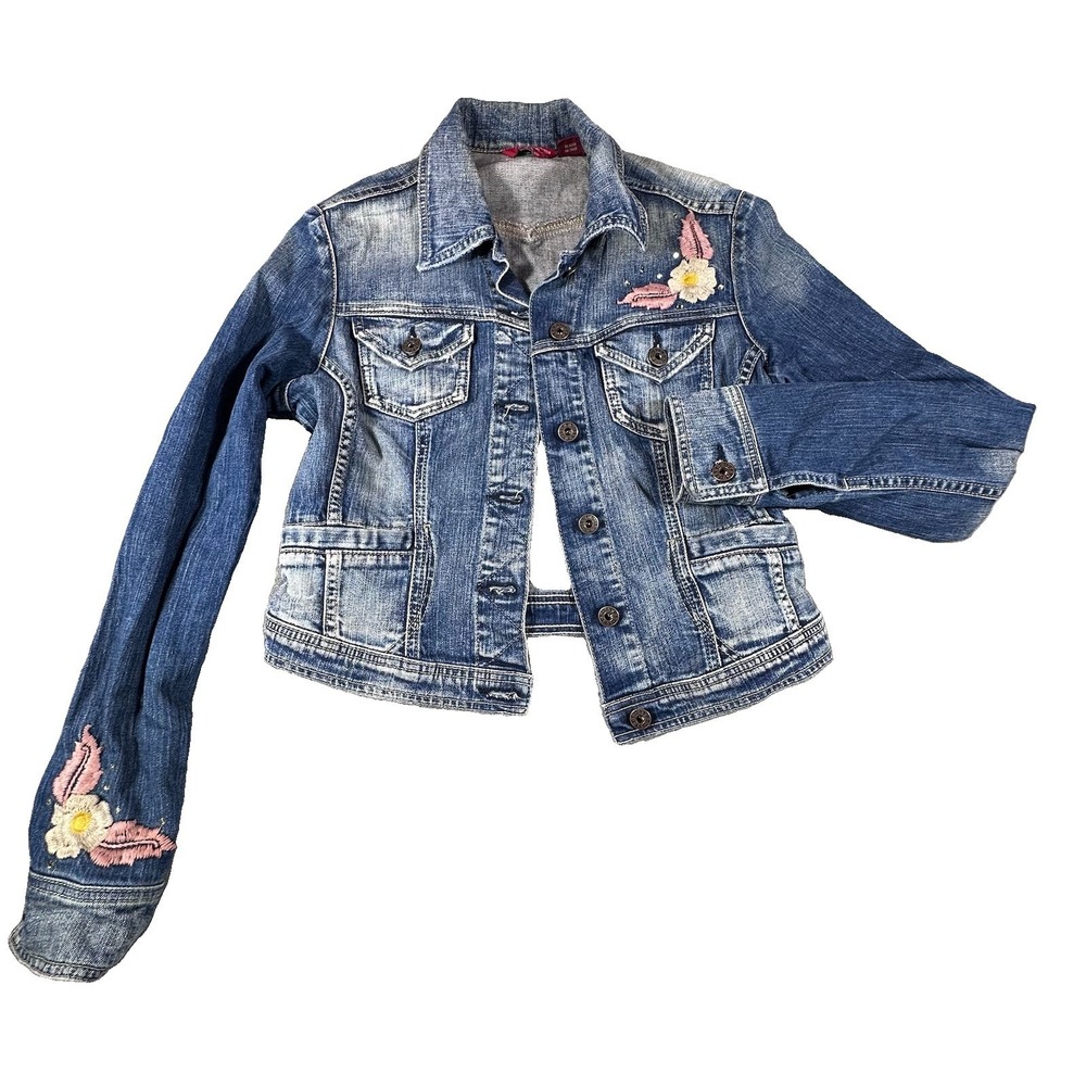Vintage Guess Jeans Denim Trucker Jacket Women Large 90s Embroidered Y2K Retro